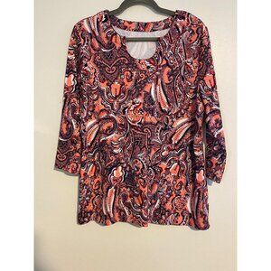 Kim Rogers Petite PXL Womens Paisley Top Pink & Navy Side Slits Long Line Tunic